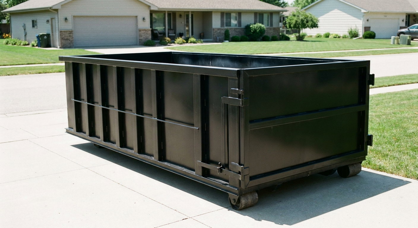 Matte-black 10-yard roll-off dumpster on a residential concrete driveway in Amarillo, uniformly painted matte black across every panel and rail, ribbed steel sidewalls and rear swing door visible, mid-day daylight.