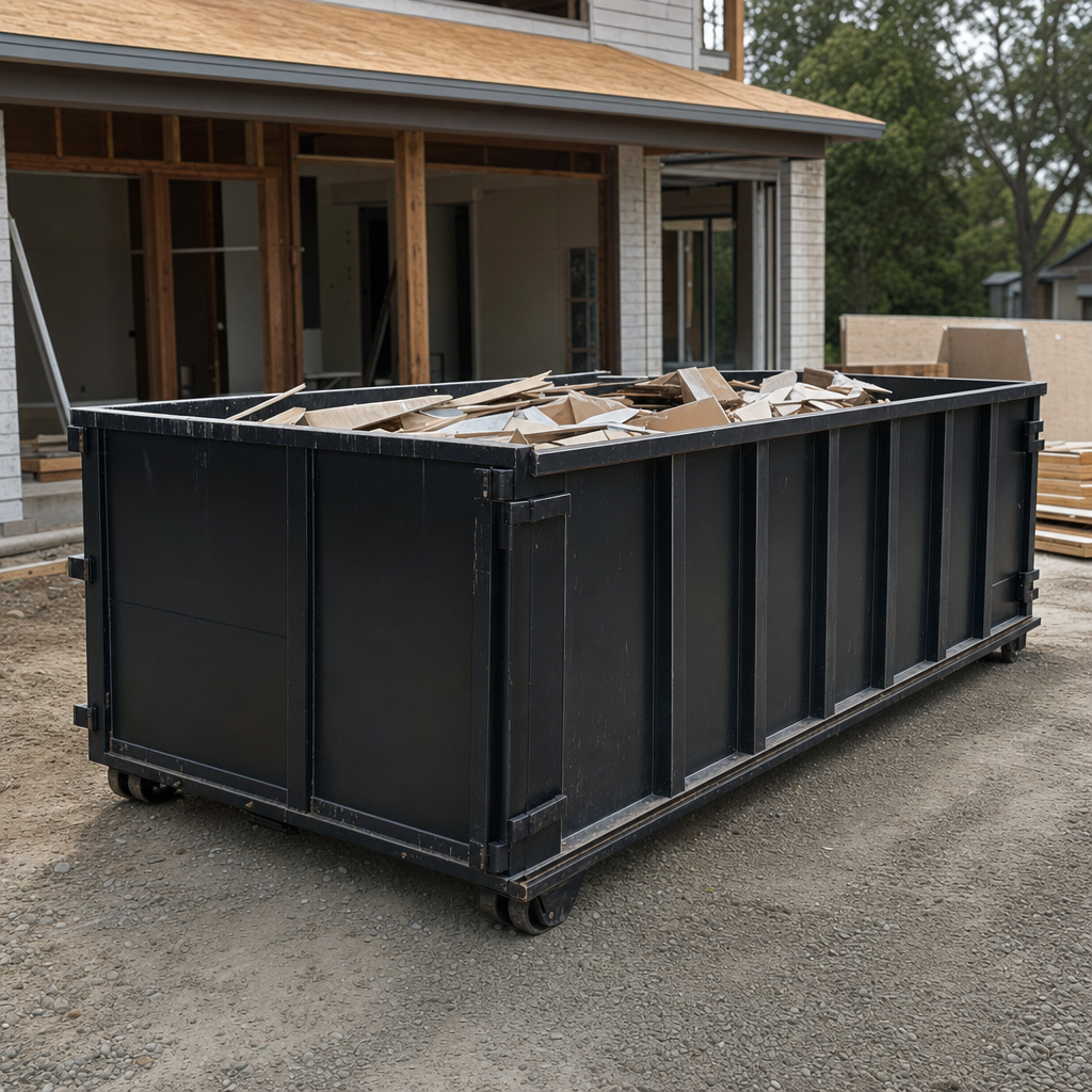 Large matte-black 30-yard construction roll-off dumpster at an active Amarillo jobsite, steel-gray top rails and bottom rollers visible, loaded with construction debris.