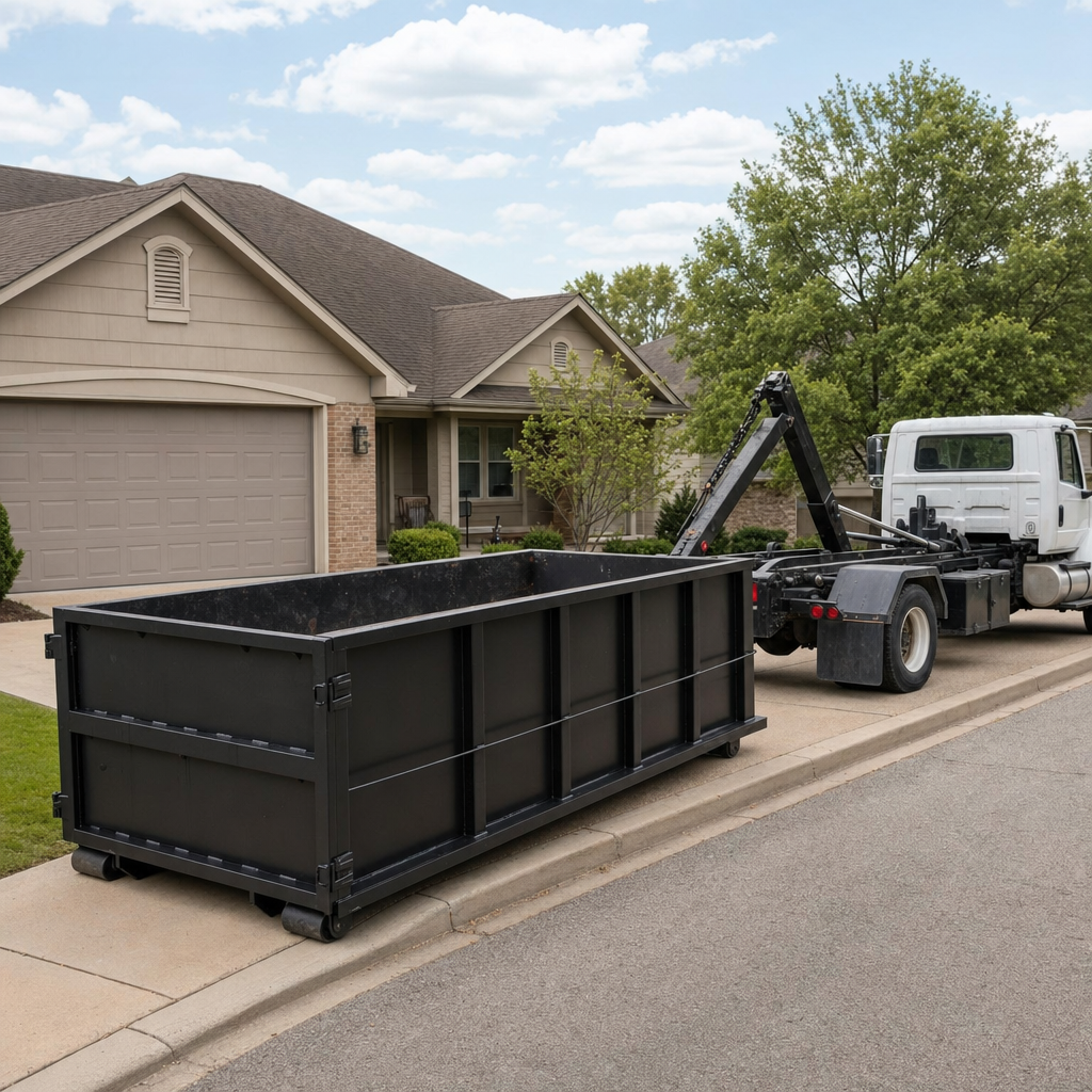 Wide documentary shot of a matte-black roll-off dumpster on a Amarillo residential driveway in the foreground and a contractor jobsite container in the soft-focus background, bright daylight, calm and orderly composition.