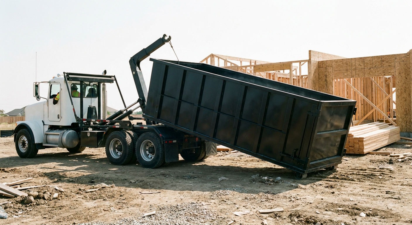 Matte-black roll-off dumpster being delivered onto a clean residential concrete driveway in Amarillo by an unmarked white hooklift hauler truck, bright morning daylight, documentary 35mm perspective.